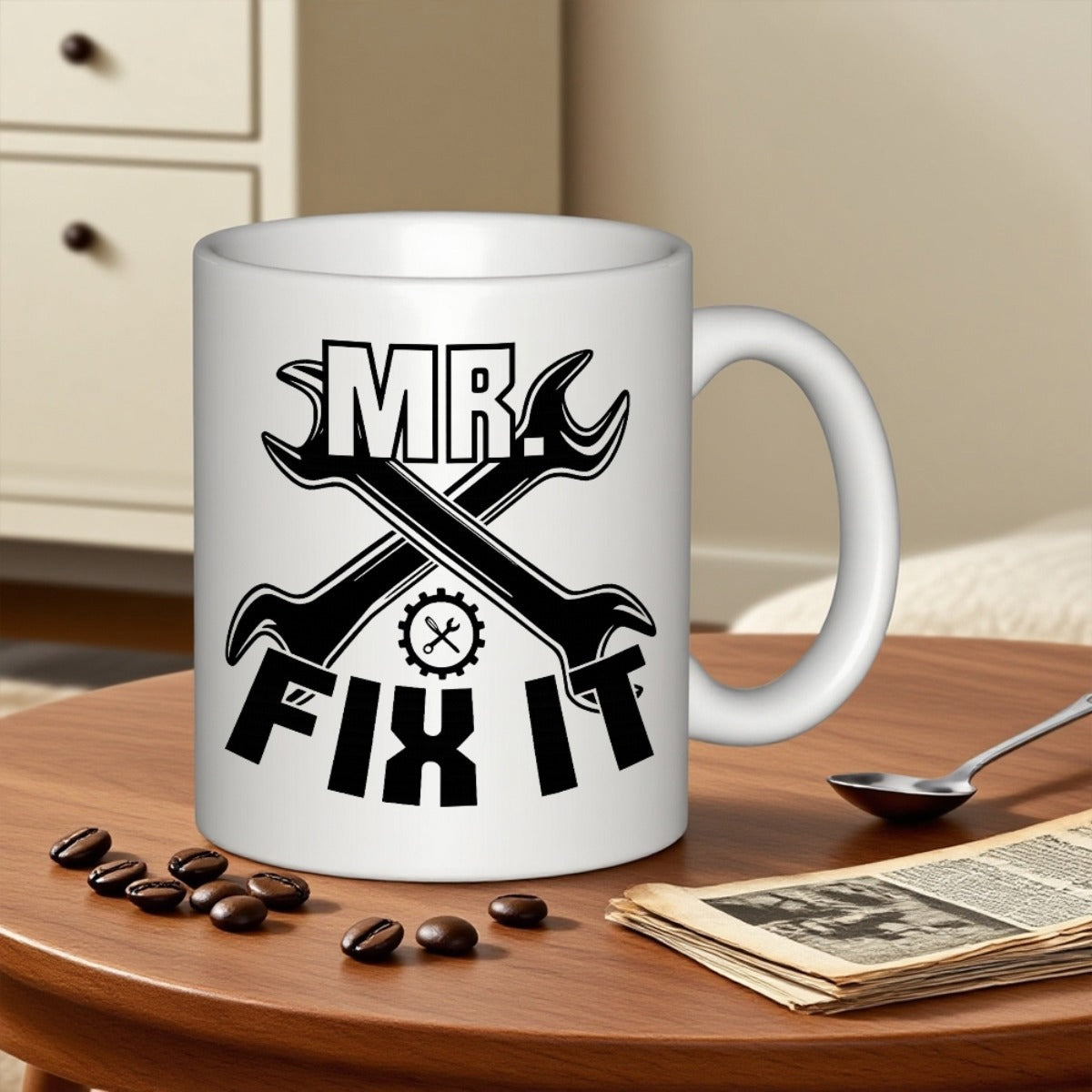 Tailorly White Ceramic 11 oz Mug - Mr Fix It Symmetrical Crossed Industrial Tool Design Featuring A Central Mechanical Gear Wrench