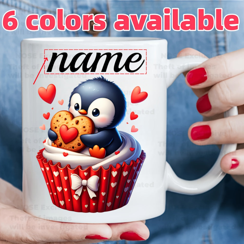 Tailorly White Ceramic 11 oz Mug - Name Charming Little Penguin Resting Inside A Decorative Sweet Heart Cupcake Penguin