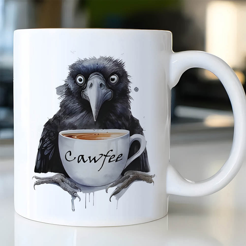 Tailorly White Ceramic 11 oz Mug - Cawfee Funny Black Bird With Wide Eyes Holding A Small Steaming Cup Crow