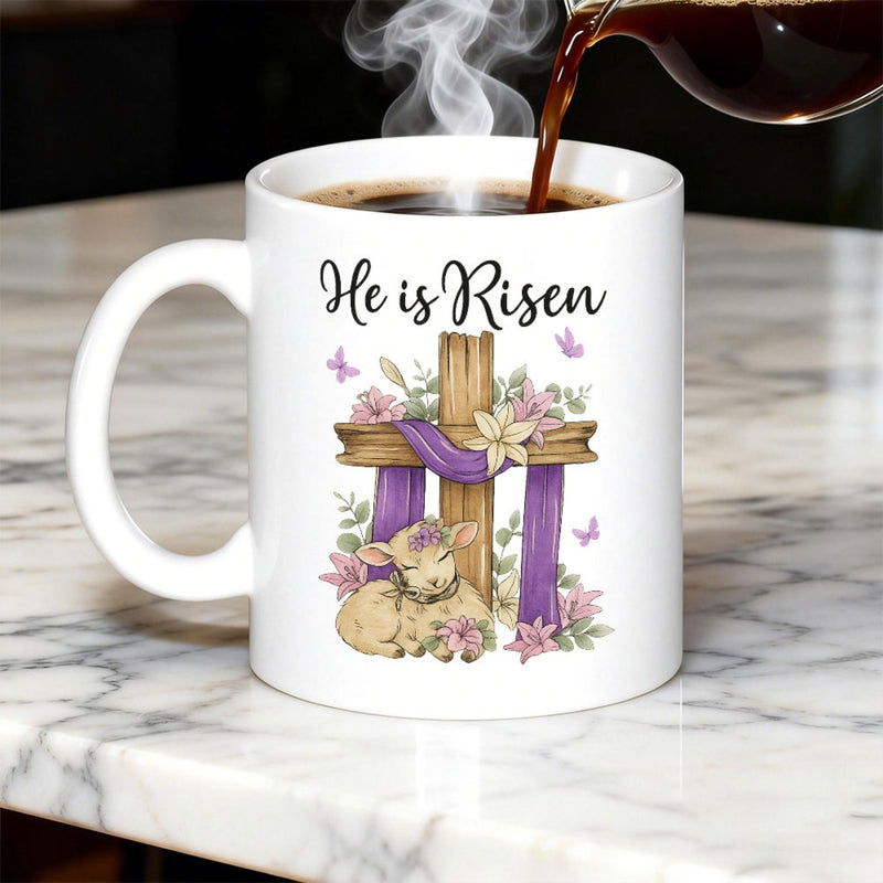 Tailorly White Ceramic 11 oz Mug - He Is Risen Peaceful Sleeping Lamb Resting Beneath A Flowered Purple Draped Wooden Cross