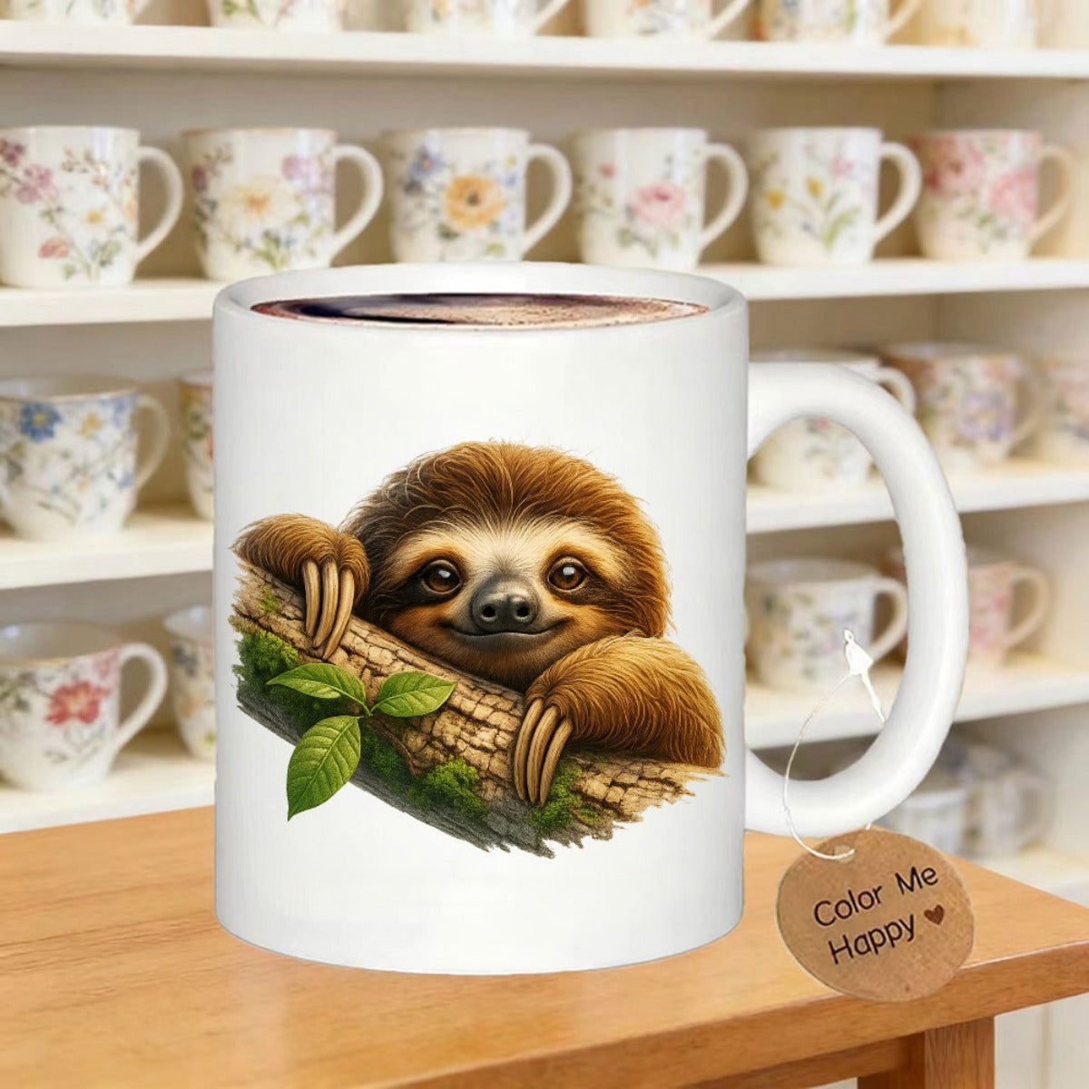 Tailorly White Ceramic 11 oz Mug - Color Me Happy Adorable Smiling Sloth Resting Peacefully On A Mossy Tree Branch Sloth