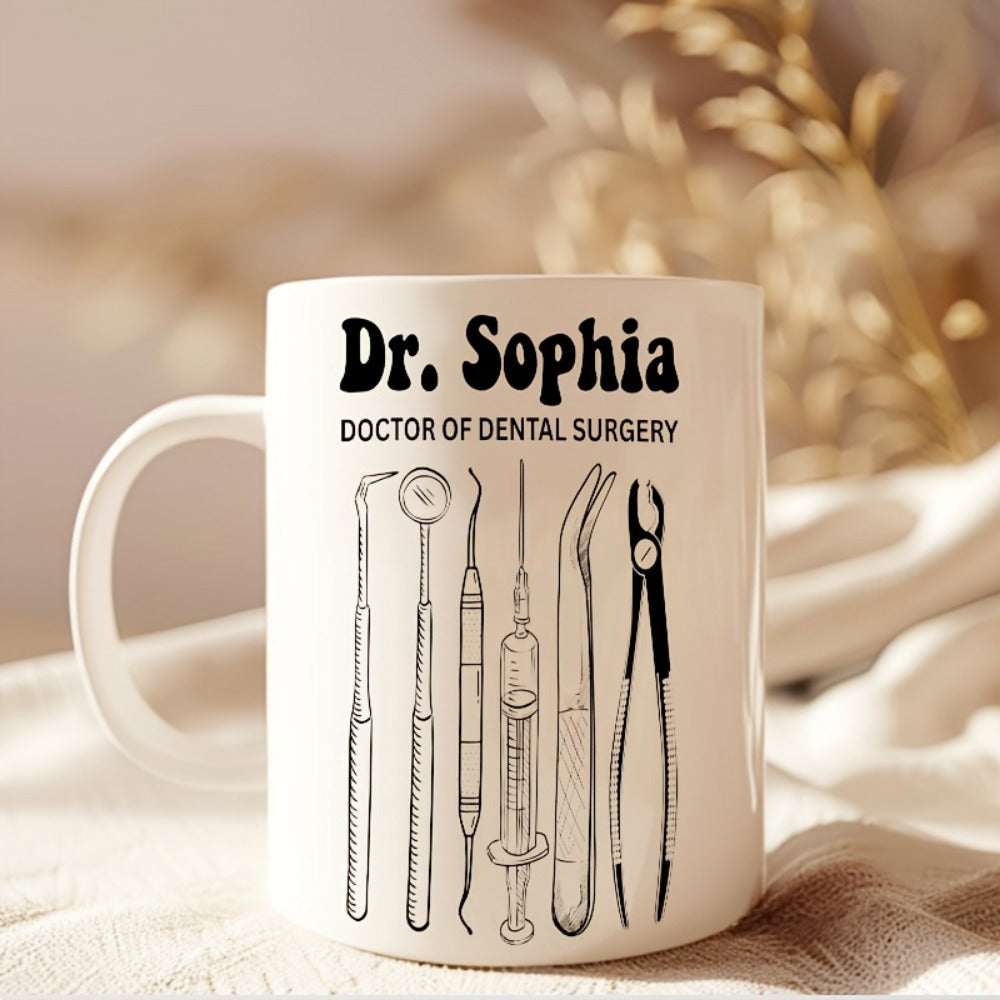 Tailorly White Ceramic 11 oz Mug - Dr Sophia Doctor Of Dental Surgery Detailed Professional Black Line Drawing Of Essential Dental Equipment Tools