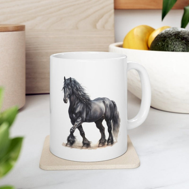 Tailorly White Ceramic 11 oz Mug - Majestic Powerful Stallion With Long Flowing Mane Walking Across The Dusty Ground Horse