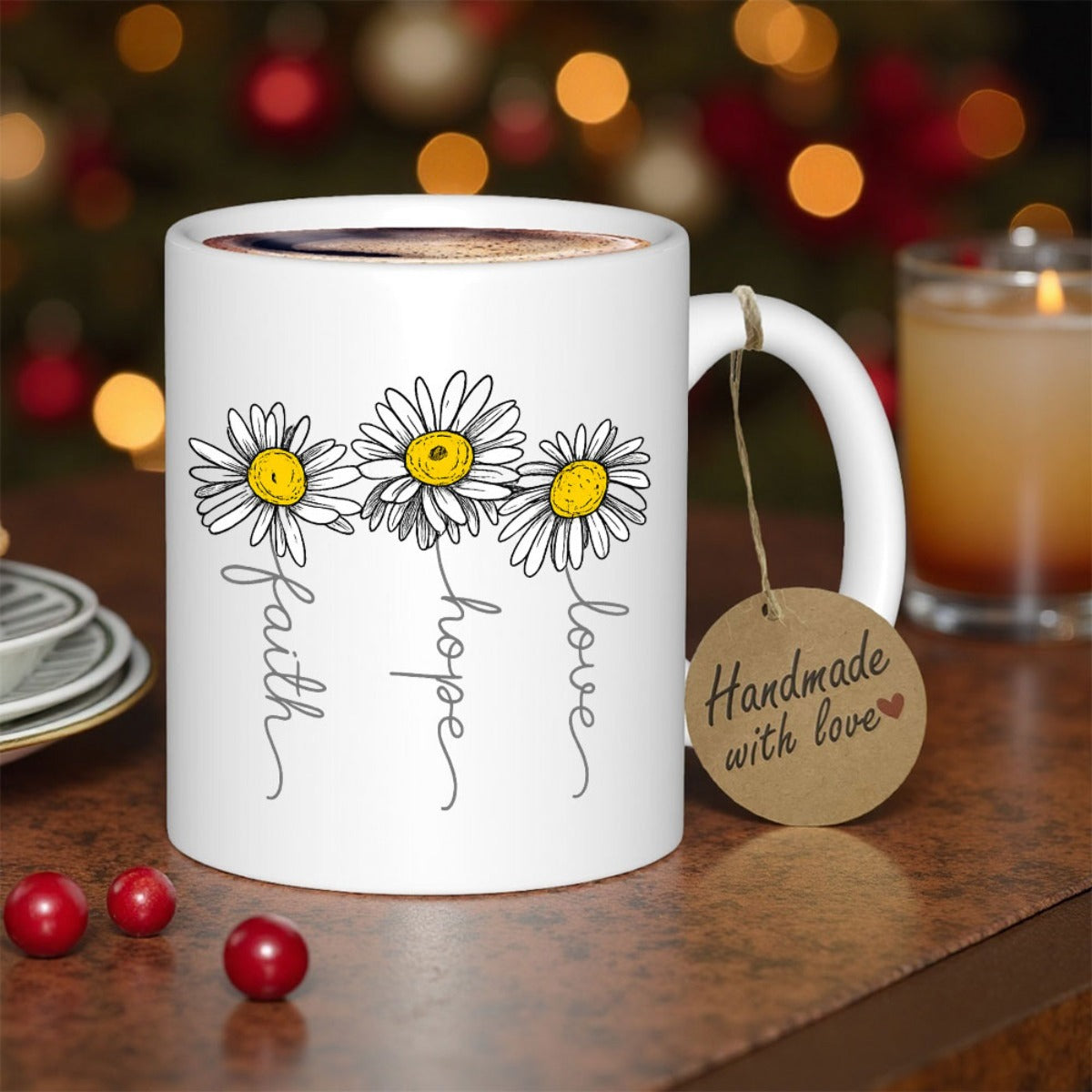 Tailorly White Ceramic 11 oz Mug - Faith Hope Love Three Beautiful White Daisies Blooming With Elegant Cursive Stems Daisy