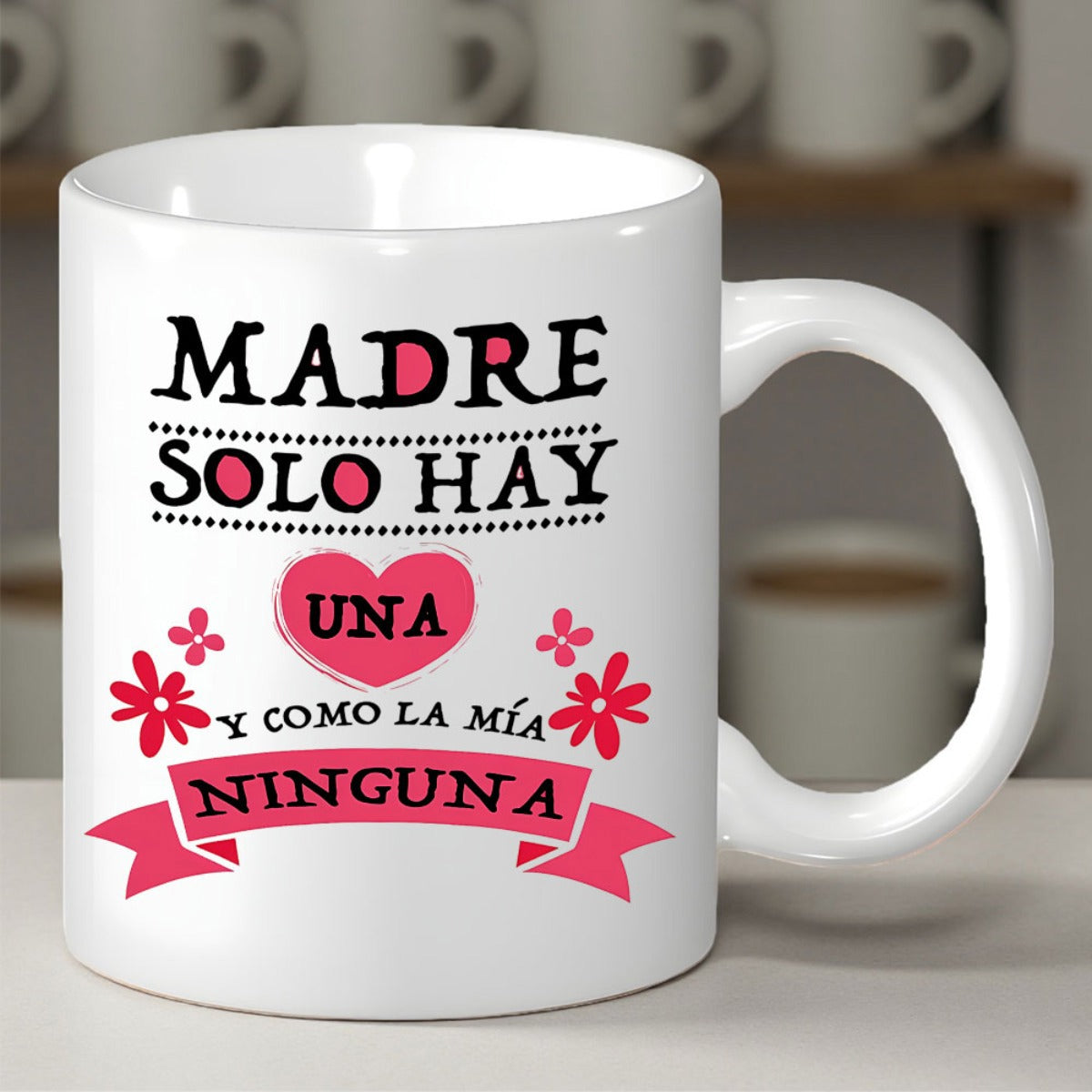Tailorly White Ceramic 11 oz Mug - Pink Decorative Heart With Small Flowers And Elegant Curved Ribbon Banner Heart