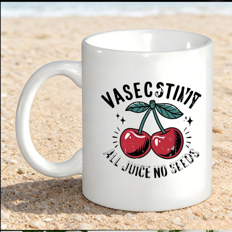 Tailorly White Ceramic 11 oz Mug - Vasectomy All Juice No Seeds Two Glossy Red Ripe Fruits With Green Leaves And Elegant Stems Cherry