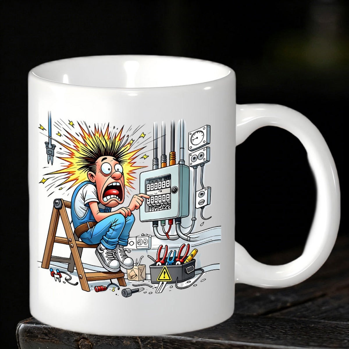 Tailorly White Ceramic 11 oz Mug - Humorous Cartoon Worker Getting Electrocuted Among Sparks Near Electrical Panel Electrician