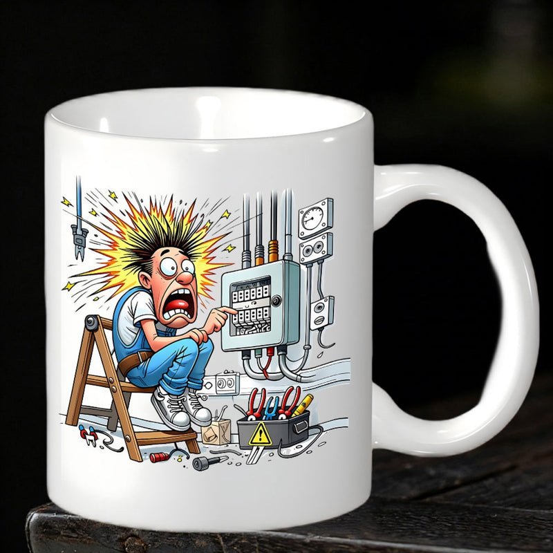 Tailorly White Ceramic 11 oz Mug - Humorous Cartoon Worker Getting Electrocuted Among Sparks Near Electrical Panel Electrician