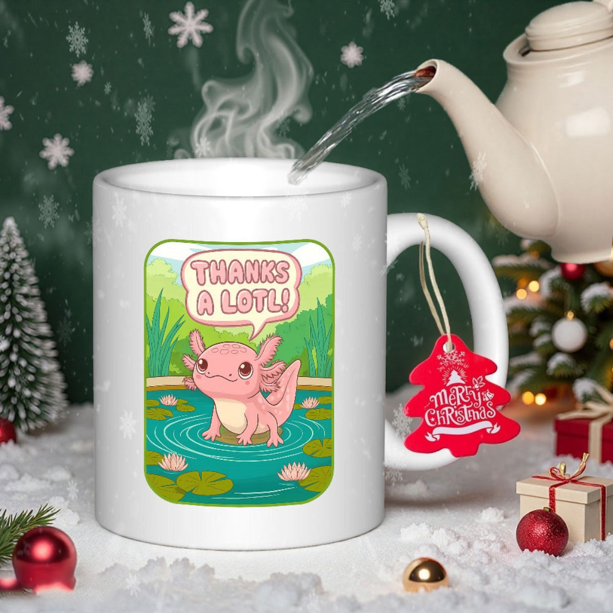 Tailorly White Ceramic 11 oz Mug - Thanks A Lotl Cute Pink Cartoon Animal Smiling In Pond With Lily Pads Axolotl