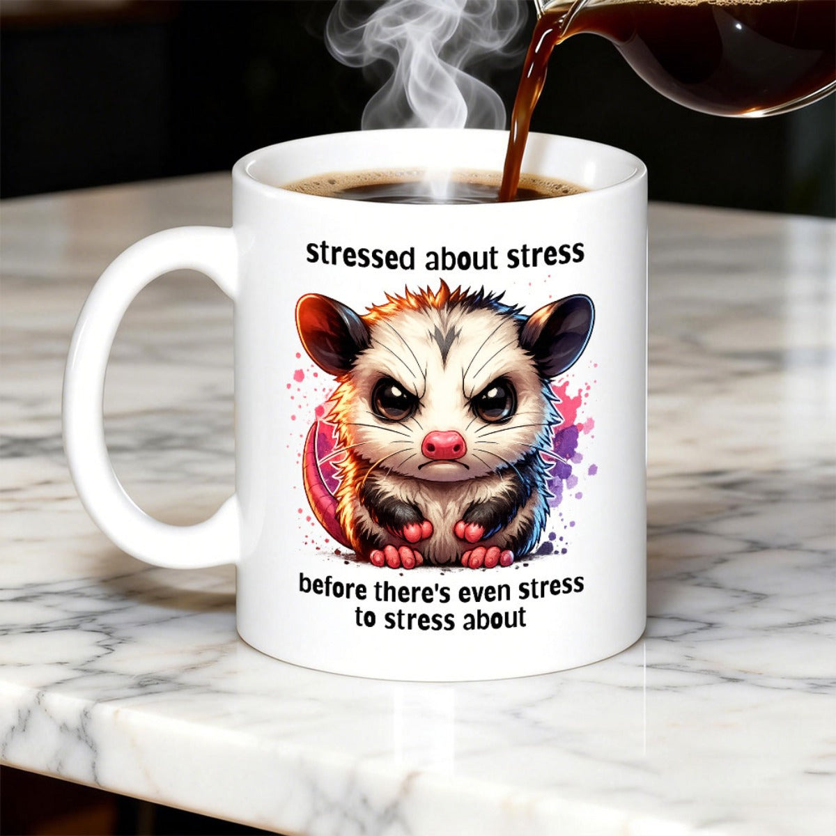 Tailorly White Ceramic 11 oz Mug - Stressed About Stress Before Theres Even Stress To Stress About Angry Small Creature Surrounded By Bright Abstract Watercolor