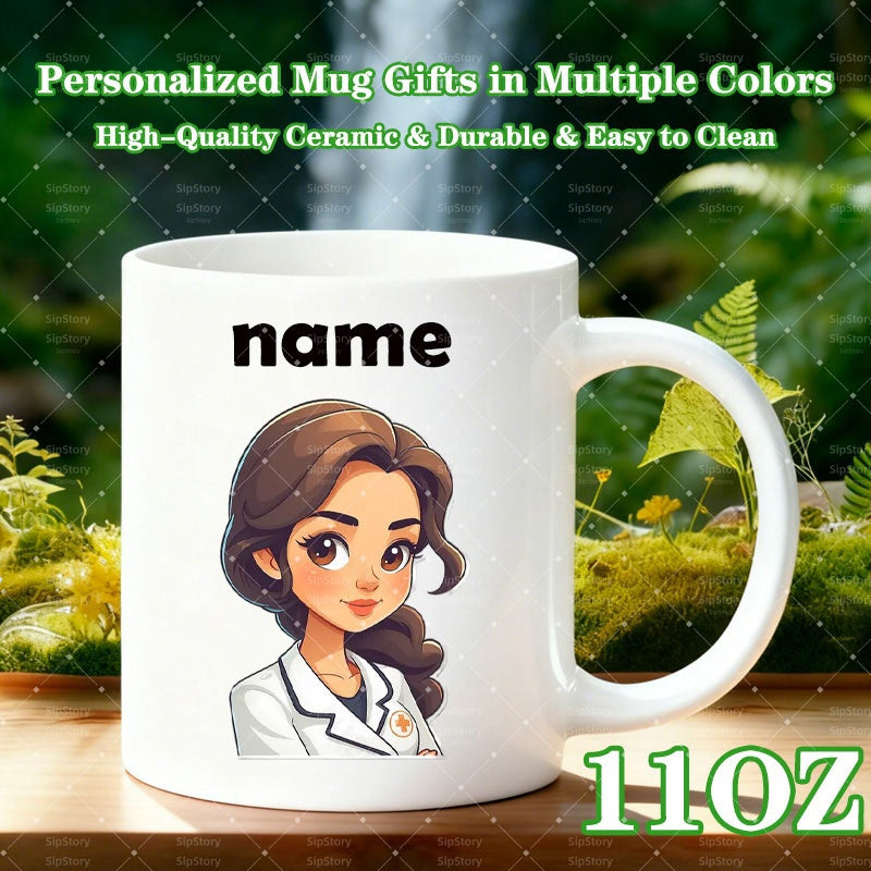 Tailorly White Ceramic 11 oz Mug - Name Beautiful Cartoon Professional Character Wearing White Coat And Smiling Young Girl