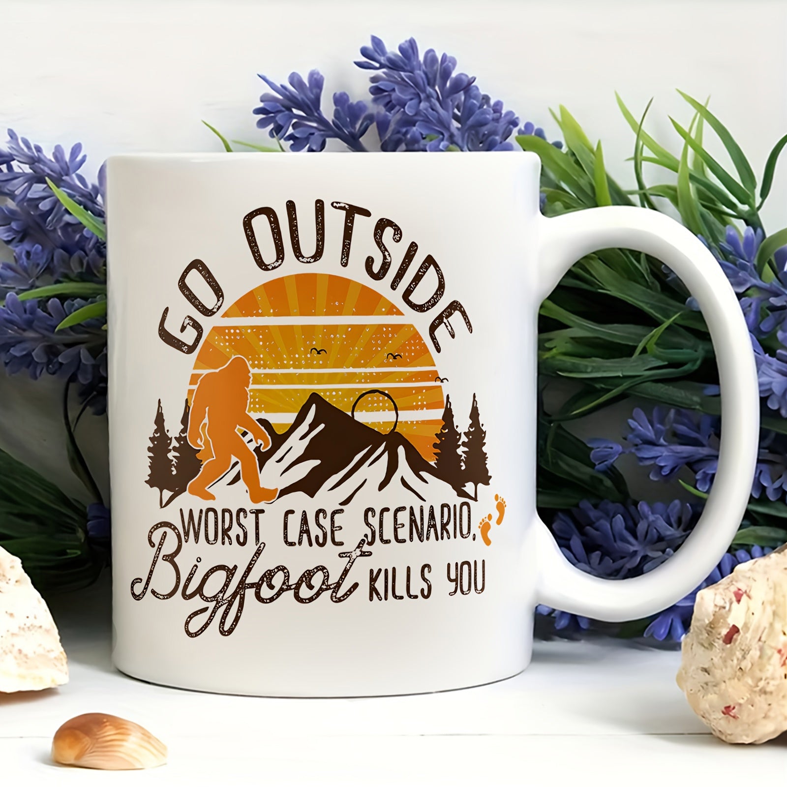 Tailorly White Ceramic 11 oz Mug - Go Outside Worst Case Scenario Bigfoot Kills You Silhouette Creature Walking Through Pine Forest Under Retro Sun And Mountains