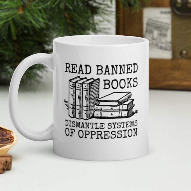 Tailorly White Ceramic 11 oz Mug - Read Banned Books Dismantle Systems Of Oppression Simple Hand Drawn Stack Of Classic Literary Hardcover Vintage Books