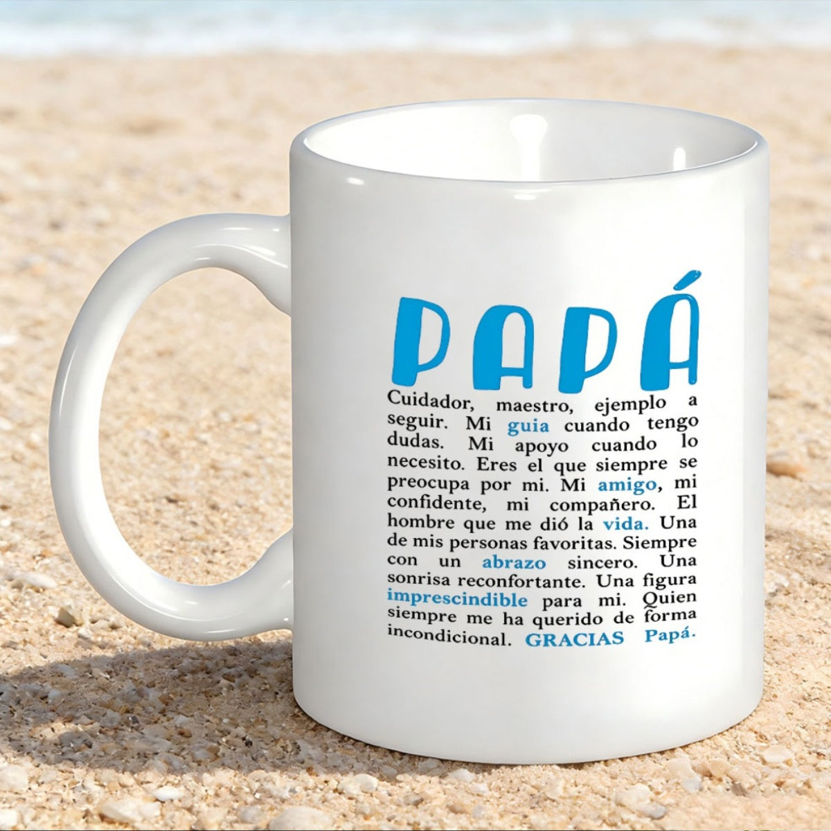 Tailorly White Ceramic 11 oz Mug - Minimalist White Ceramic With Sentimental Text On Sunny Sandy Beach Mug