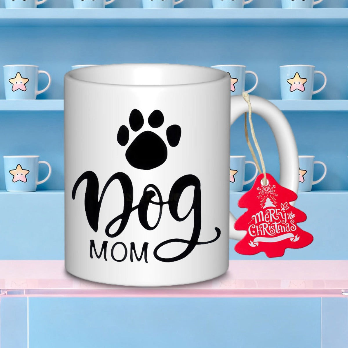 Tailorly White Ceramic 11 oz Mug - Dog Mom Minimalist Black Paw Print Design Resting Over Elegant Script Text Paw