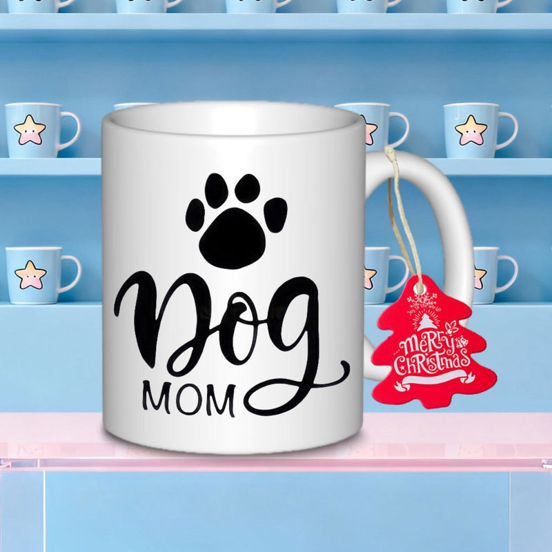 Tailorly White Ceramic 11 oz Mug - Dog Mom Minimalist Black Paw Print Design Resting Over Elegant Script Text Paw