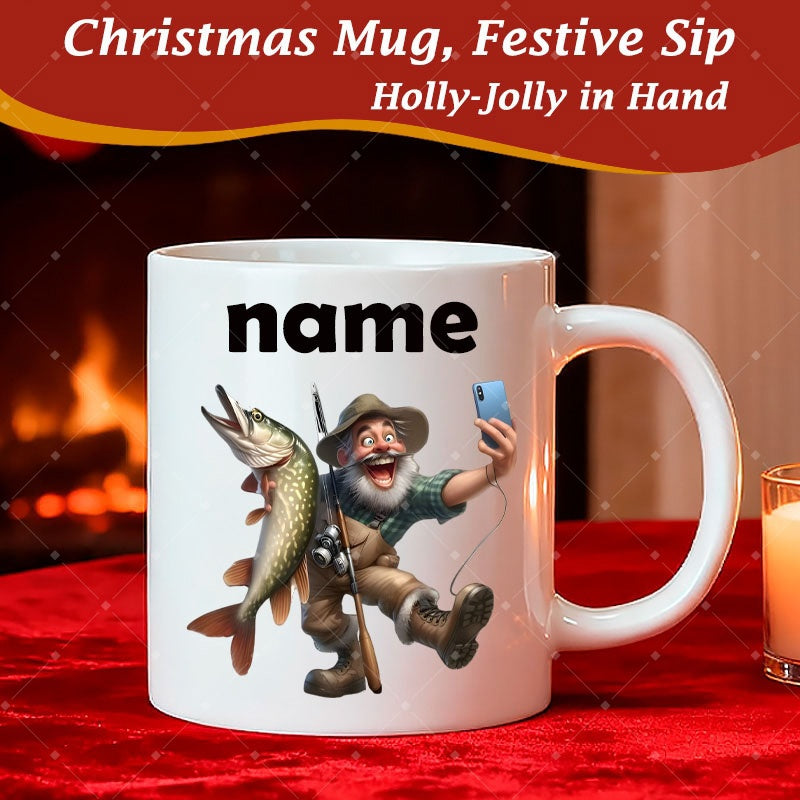 Tailorly White Ceramic 11 oz Mug - Name Cheerful Old Man Taking A Selfie While Holding Large Fish Fisherman