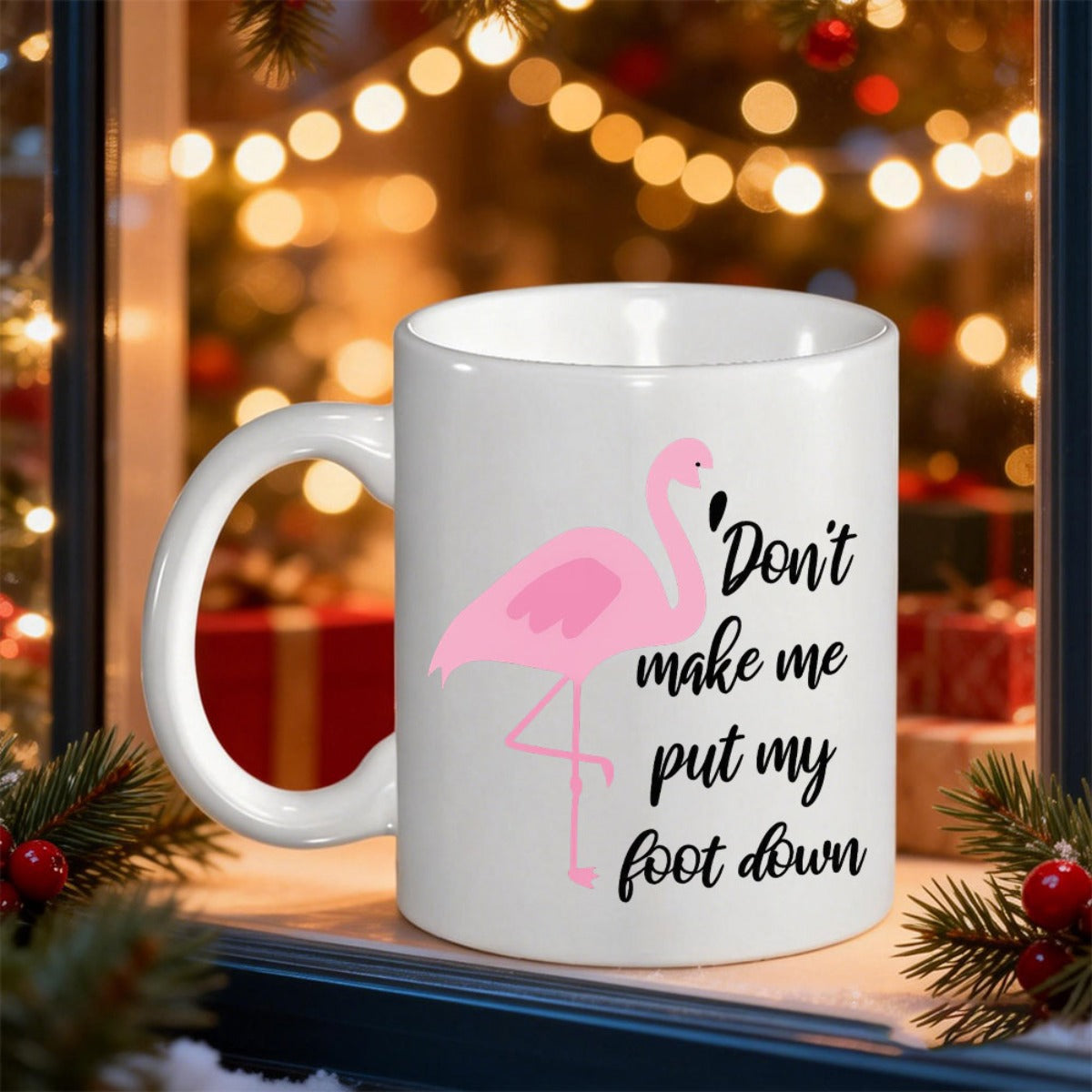 Tailorly White Ceramic 11 oz Mug - Don't Make Me Put My Foot Down Elegant Pink Tropical Bird Standing Amidst A Blurred Festive Glowing Backdrop Flamingo