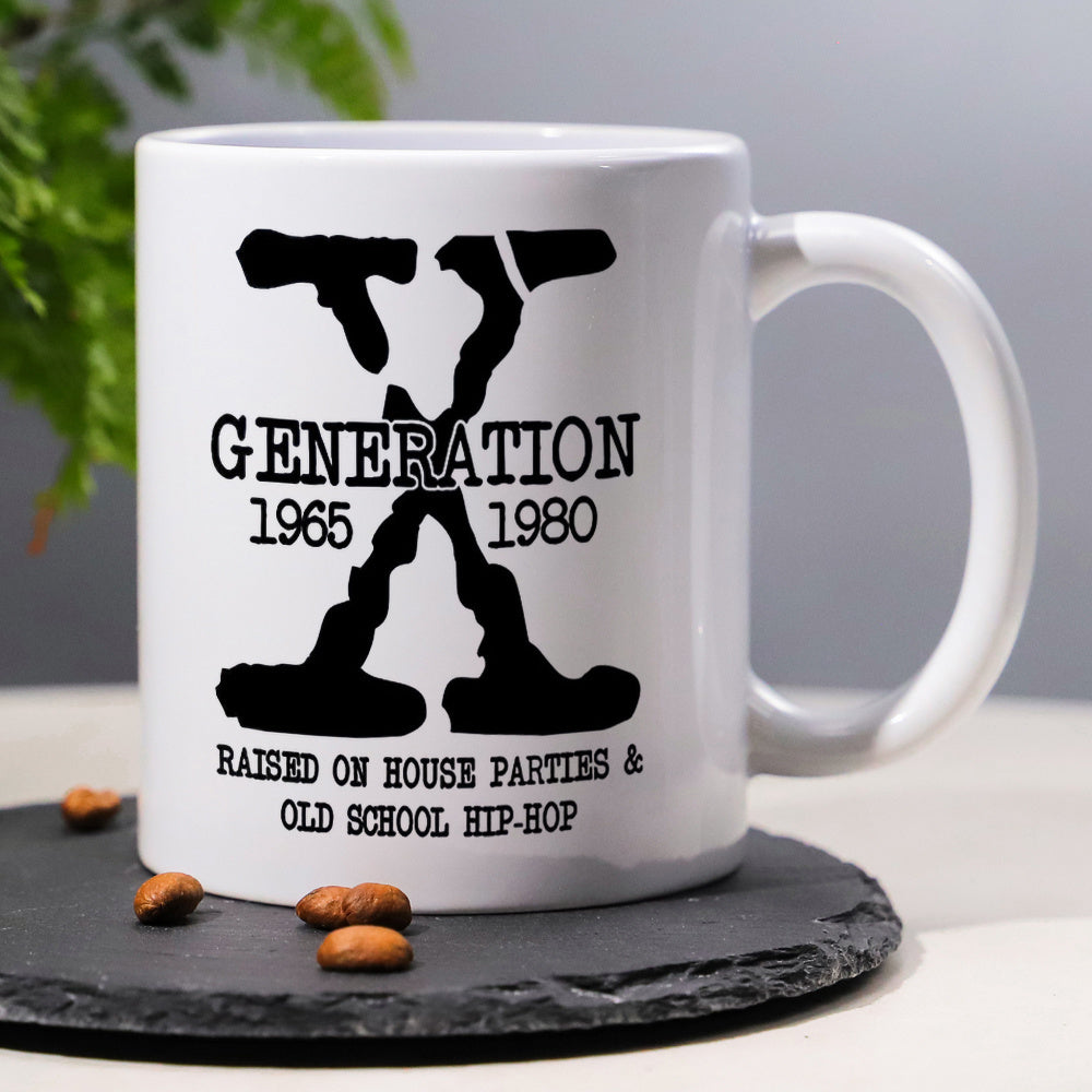 Tailorly White Ceramic 11 oz Mug - Generation X 1965 1980 Raised On House Parties Old School Hip Hop Distressed Stencil Style Letter Printed On A Smooth Ceramic