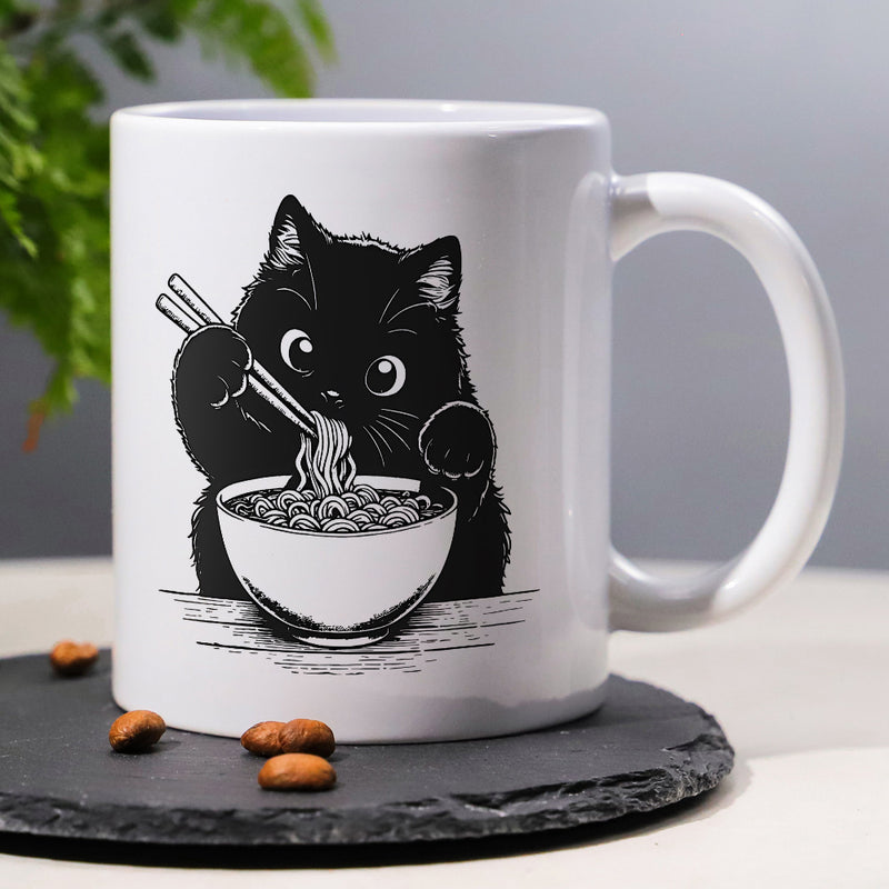 Tailorly White Ceramic 11 oz Mug - Adorable Black Kitten Using Wooden Chopsticks Eating Delicious Steaming Ramen Noodle Cat
