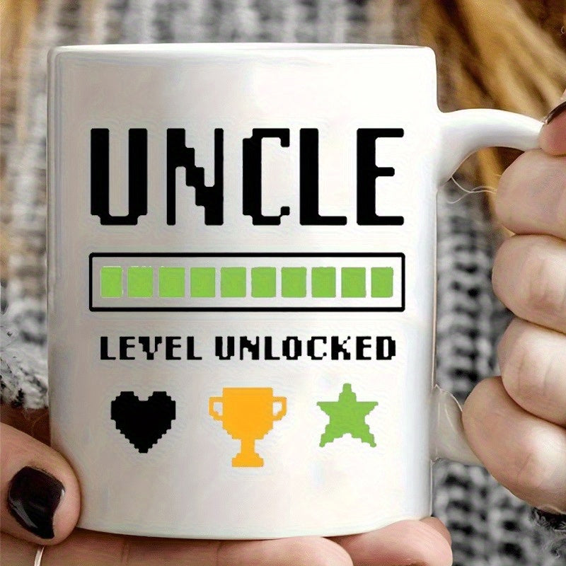 Tailorly White Ceramic 11 oz Mug - Uncle Level Unlocked Minimalist Pixelated Gaming Elements With Progress Bar Heart Trophy And Star Mug