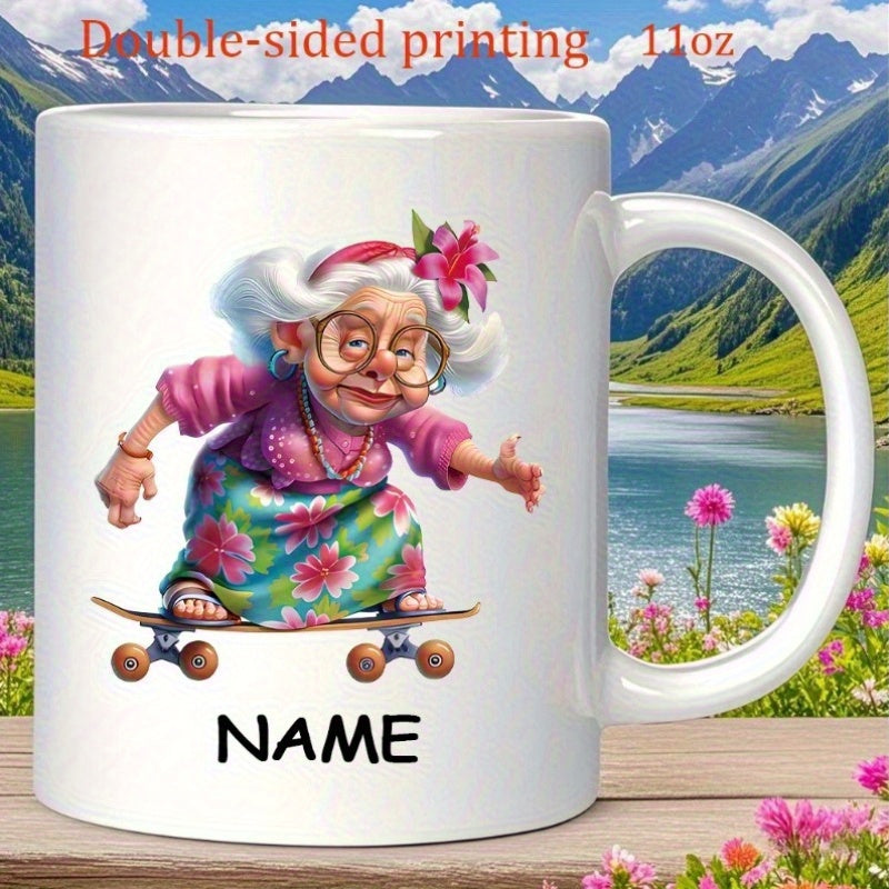 Tailorly White Ceramic 11 oz Mug - Name Energetic Elderly Lady Wearing Glasses Riding A Skateboard With Floral Decorations Grandmother