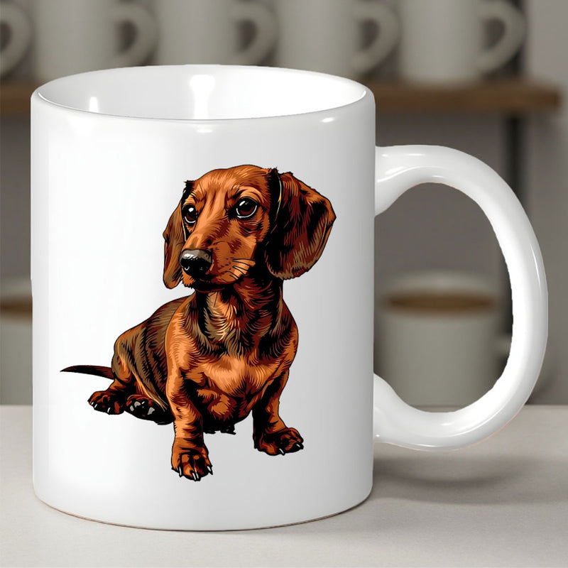 Tailorly White Ceramic 11 oz Mug - Adorable Realistic Brown Sausage Dog Sitting Patiently On White Background Dachshund