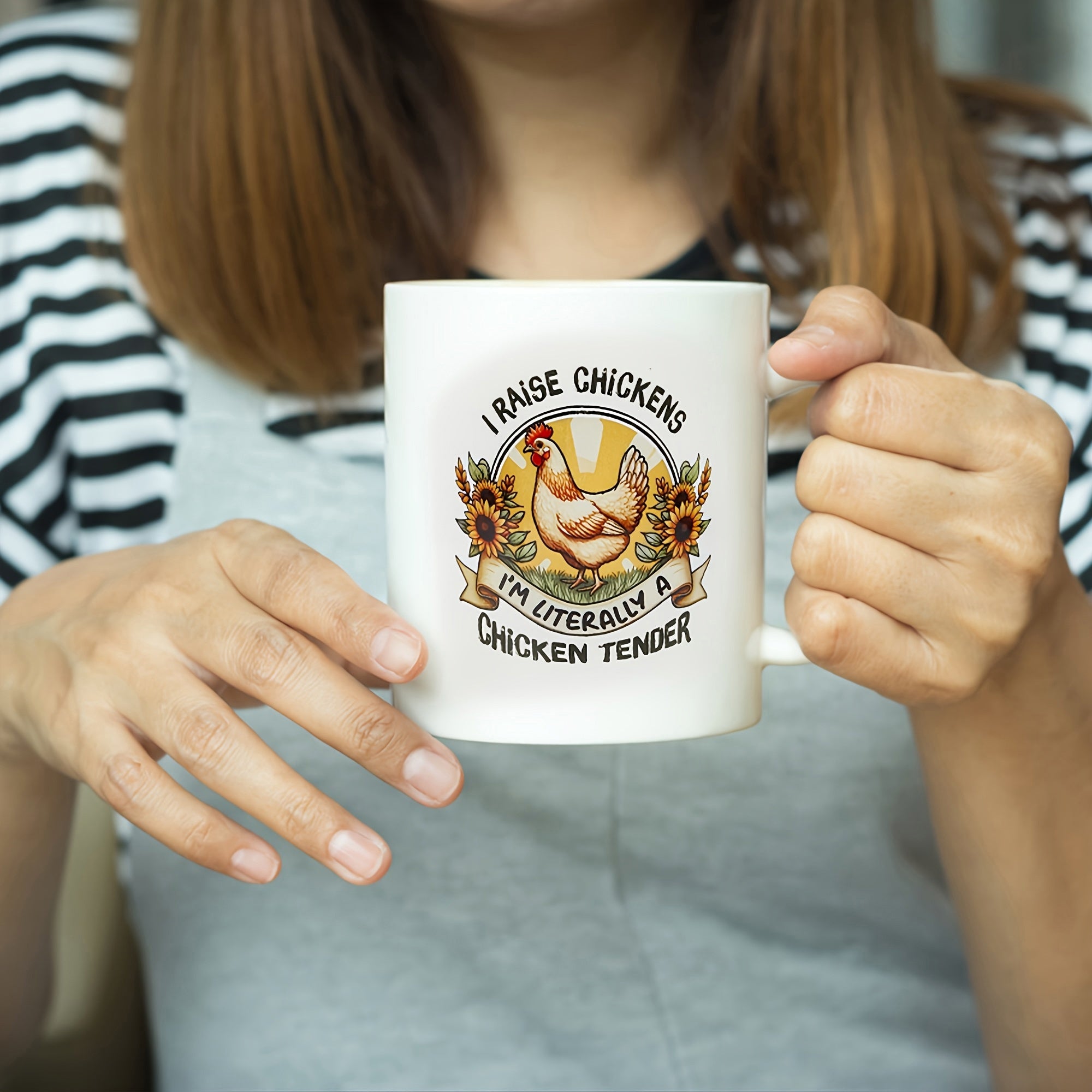 Tailorly White Ceramic 11 oz Mug - I Raise Chickens I'm Literally A Chicken Tender Rustic Farmhouse Style With Sunflowers Framing A Proud Motherly Hen Chicken