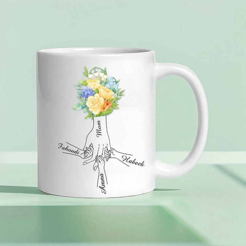 Tailorly White Ceramic 11 oz Mug - Mom Fahad Habib Asma Hand Drawn Family Hands Holding A Beautiful Bouquet Of Colorful Spring Flowers Bouquet