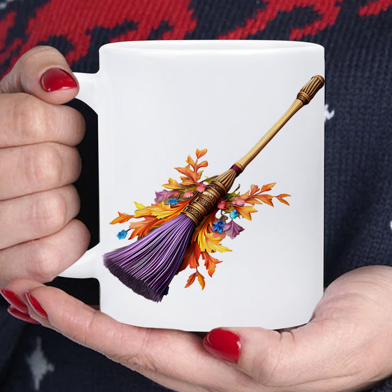 Tailorly White Ceramic 11 oz Mug - Vibrant Autumn Leaves And Small Sparkling Crystals Decorating A Magical Broomstick