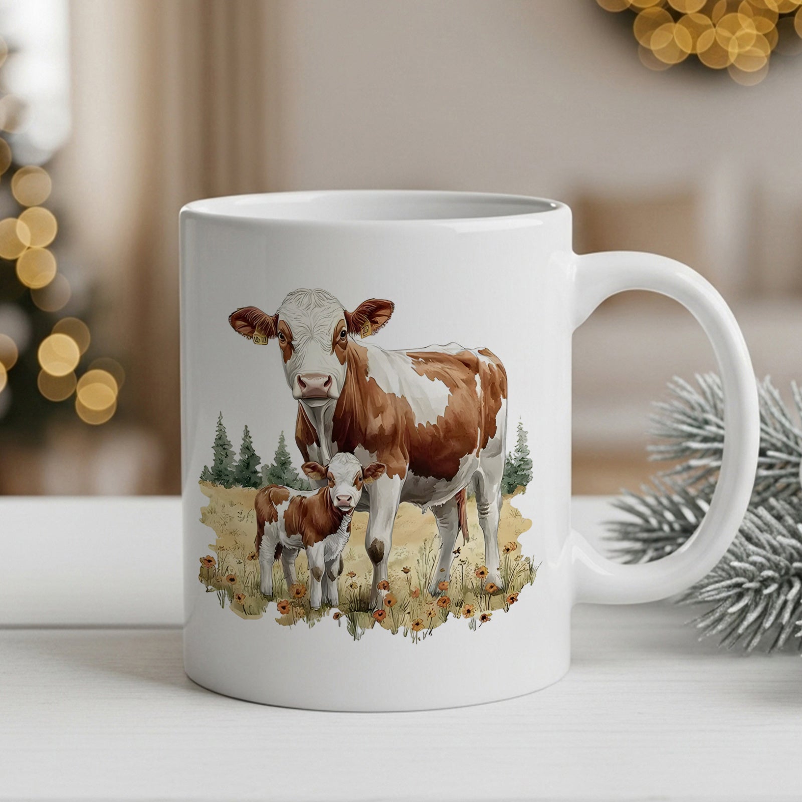 Tailorly White Ceramic 11 oz Mug - Brown And White Mother With Young Calf Standing In Sunny Meadow Cow