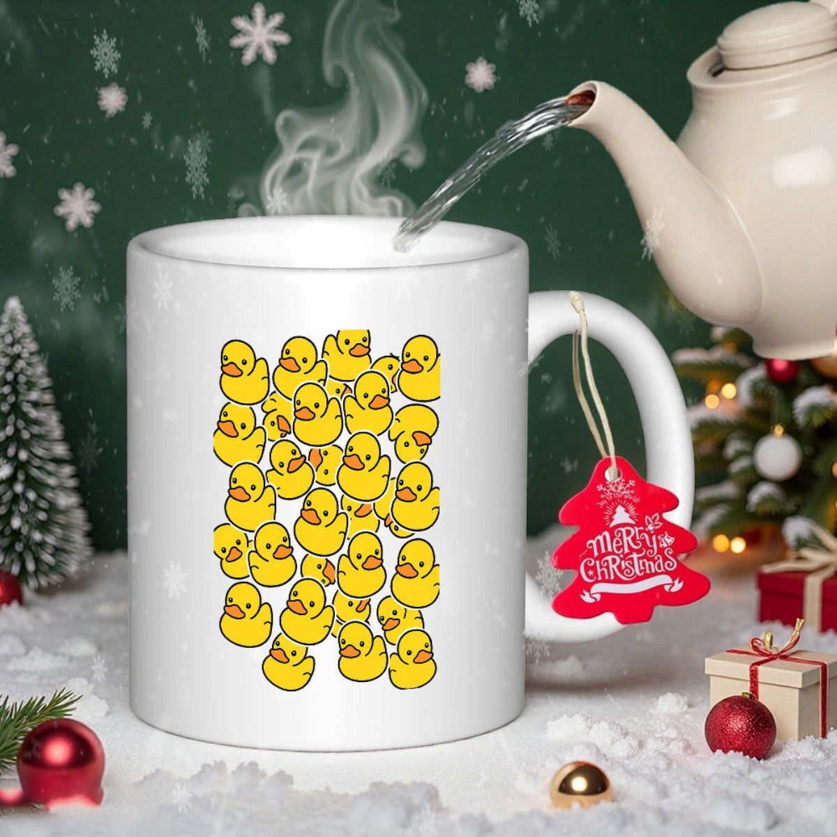 Tailorly White Ceramic 11 oz Mug - Merry Christmas Vibrant Pattern Of Many Small Yellow Rubber Ducks Arranged On Surface Duck