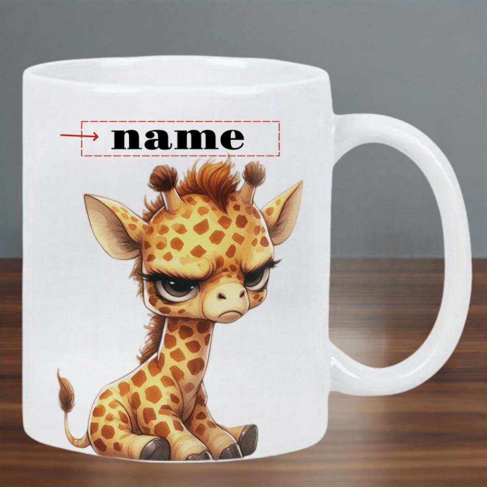 Tailorly White Ceramic 11 oz Mug - Name Adorable Little Baby Giraffe Sitting With Grumpy Expression Giraffe