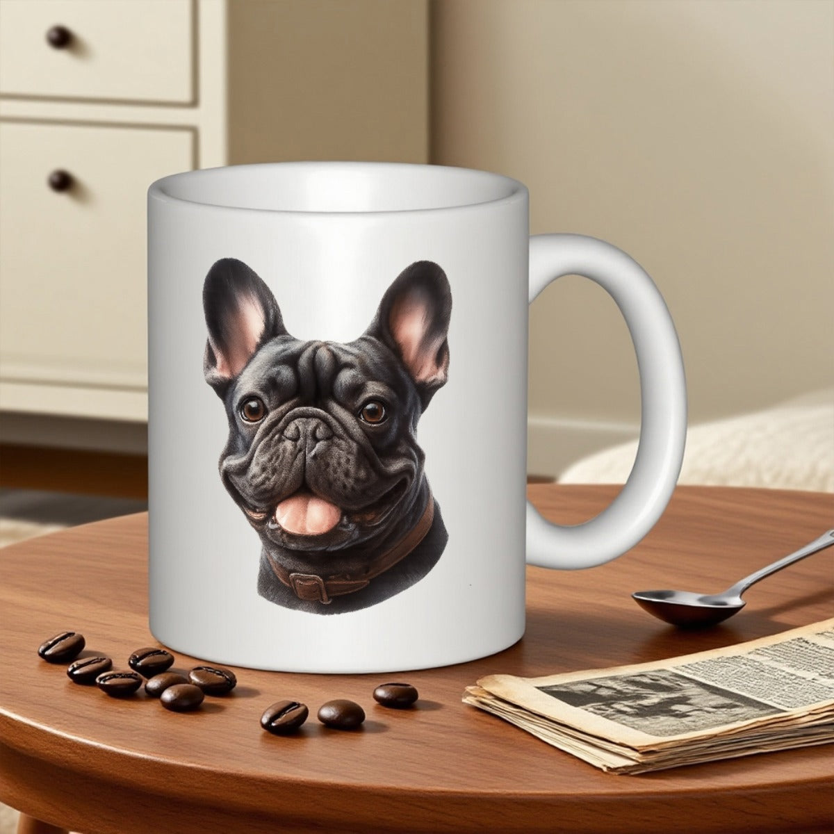 Tailorly White Ceramic 11 oz Mug - Adorable Smiling Black Puppy Head With Cute Pink Tongue Out French Bulldog