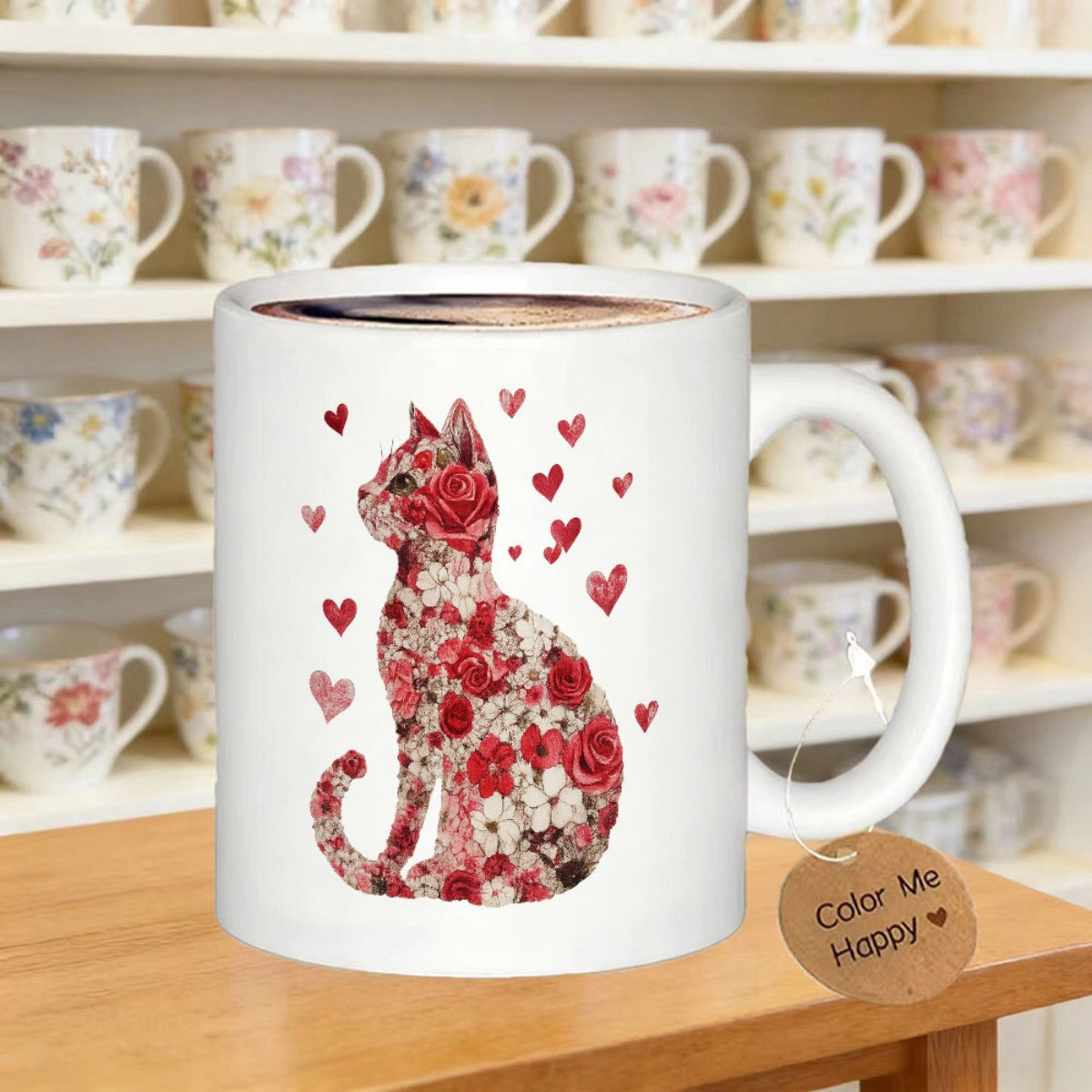 Tailorly White Ceramic 11 oz Mug - Elegant Silhouette Filled With Blooming Red Roses And Small Floating Hearts Cat