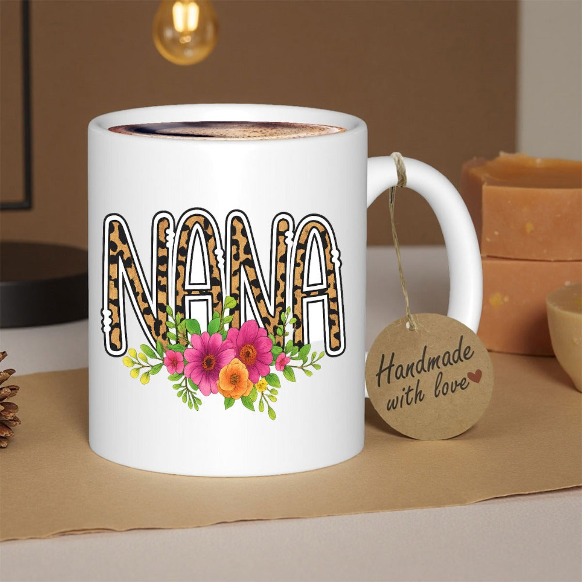 Tailorly White Ceramic 11 oz Mug - Nana Leopard Print Text Surrounded By Colorful Blooming Spring Flowers And Green Leaves Mug