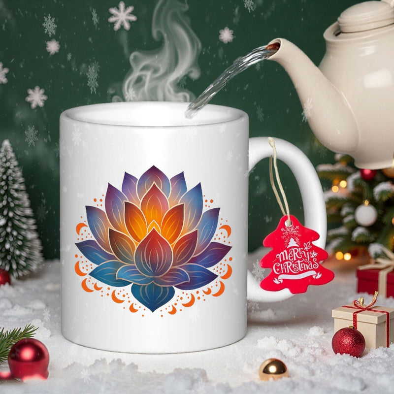 Tailorly White Ceramic 11 oz Mug - Vibrant Petals With Glowing Orange Light And Blue Gradients Under Subtle Moons Lotus