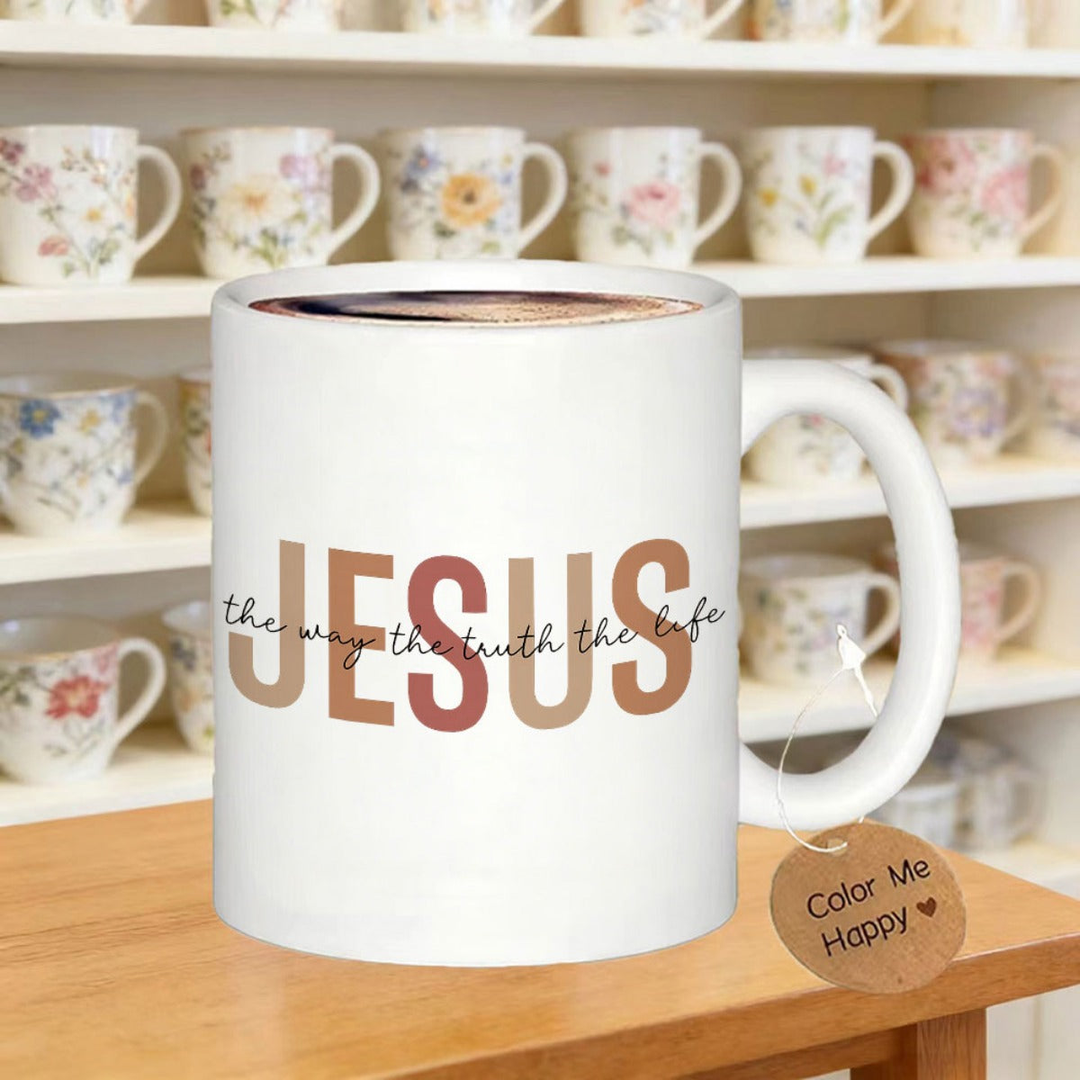 Tailorly White Ceramic 11 oz Mug - Jesus The Way The Truth The Life Minimalist Earth Toned Religious Script On Elegant White Ceramic Tableware Mug