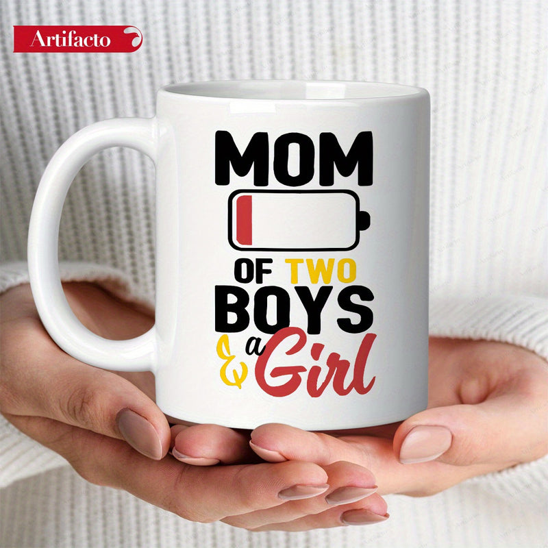 Tailorly White Ceramic 11 oz Mug - Mom Of Two Boys A Girl Minimalist Low Battery Indicator Symbol With Bold Red And Black Lettering Battery
