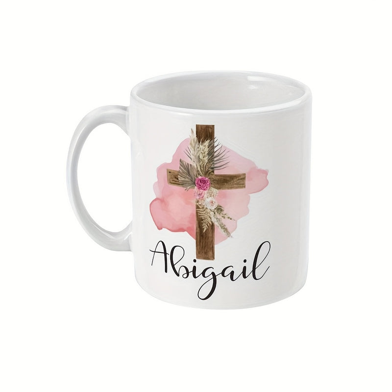 Tailorly White Ceramic 11 oz Mug - Abigail Rustic Wooden Texture Decorated With Elegant Pink Flowers And Watercolor Backdrop Cross