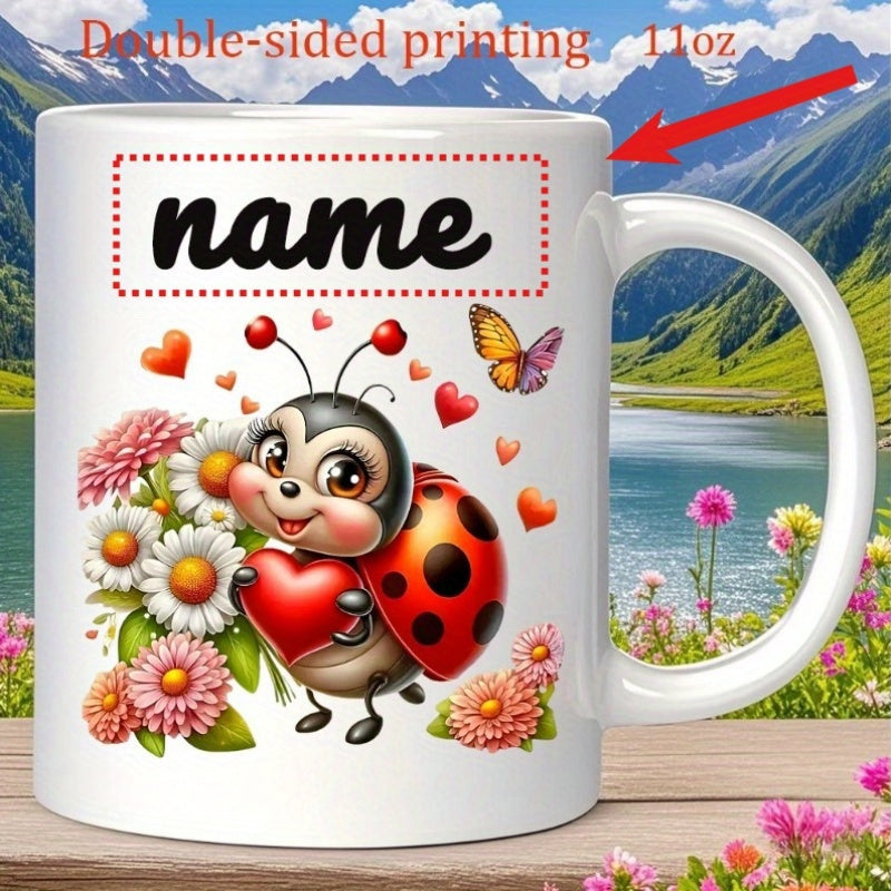 Tailorly White Ceramic 11 oz Mug - Name Cheerful Cartoon Character Holding Red Heart With Vibrant Spring Flowers Ladybug