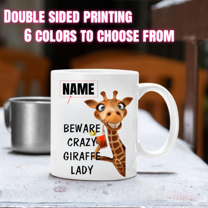 Tailorly White Ceramic 11 oz Mug - Beware Crazy Giraffe Lady Funny Cartoon Character Peeking Out From Behind Playful Textured Text Giraffe