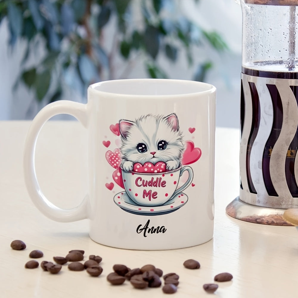 Tailorly White Ceramic 11 oz Mug - Cuddle Me Anna Adorable Fluffy White Kitten Sitting Inside Polka Dot Heart Teacup Kitten