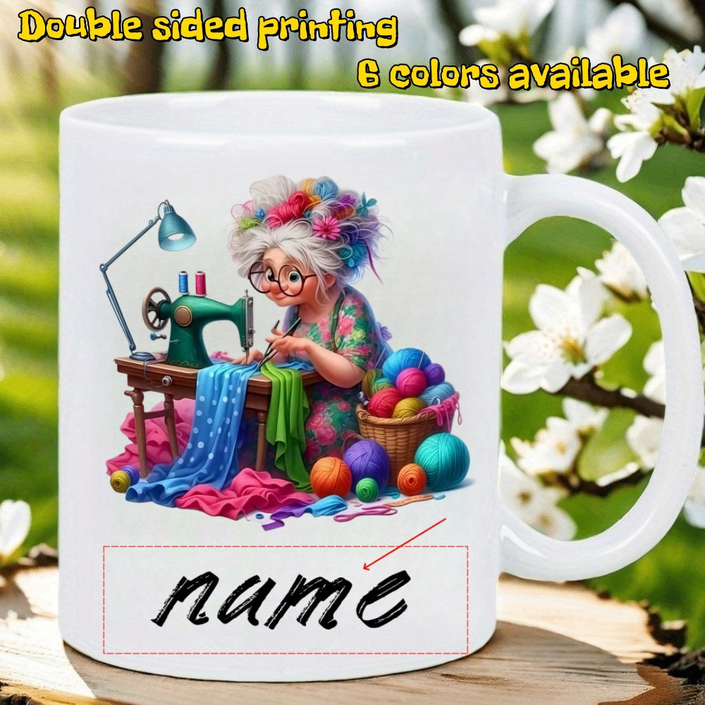 Tailorly White Ceramic 11 oz Mug - Creative Elderly Woman Sewing Colorful Fabric With A Green Machine Grandma
