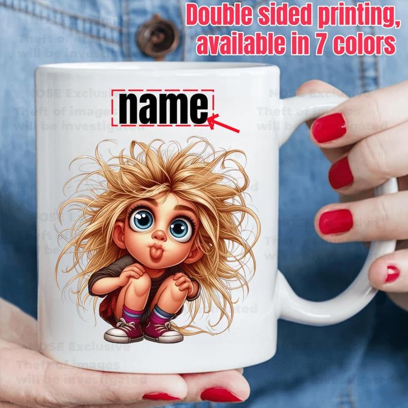Tailorly White Ceramic 11 oz Mug - Name Adorable Cartoon Girl With Wild Messy Hair And Big Blue Eyes Girl