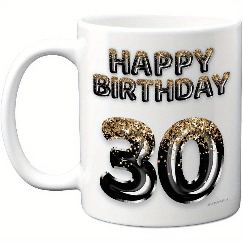 Tailorly White Ceramic 11 oz Mug - Happy Birthday Sparkling Gold Glitter Top Over Bold Black Three Dimensional Textured Mug