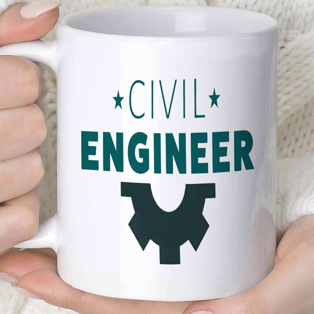 Tailorly White Ceramic 11 oz Mug - Civil Engineer Bold Typography Featuring Stars And Industrial Mechanical Gear Segment Mug