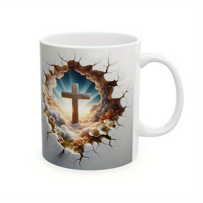 Tailorly White Ceramic 11 oz Mug - Divine Light Radiant Clouds Shining Through A Stone Cracked Wall Roses Cross