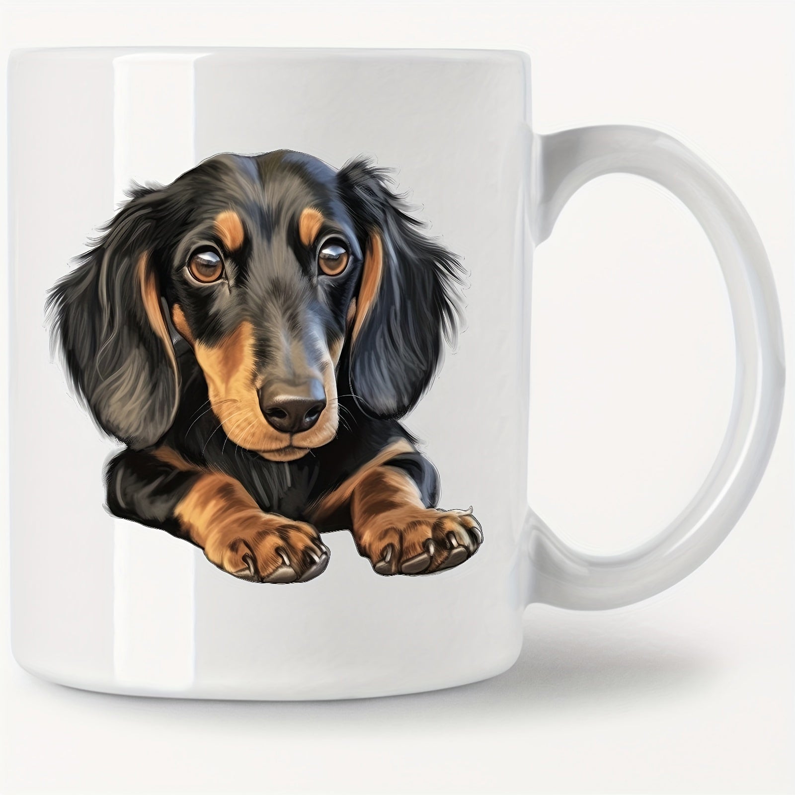 Tailorly White Ceramic 11 oz Mug - Resting Quietly On Its Paws With Big Brown Expressive Eyes Dachshund