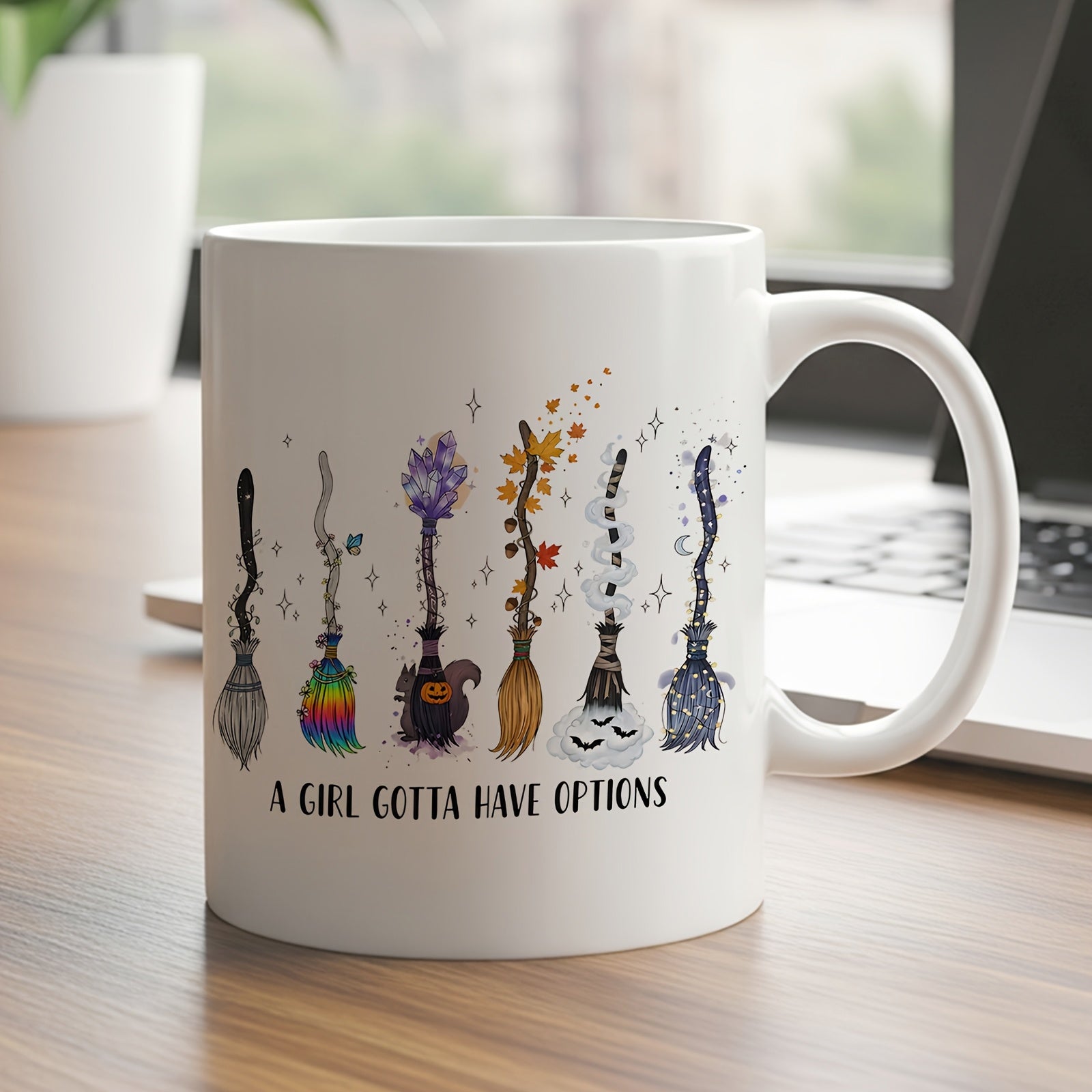 Tailorly White Ceramic 11 oz Mug - A Girl Gotta Have Options Hand Drawn Stylized Magical Witches Brooms With Sparkles And Colorful Elements Broomstick
